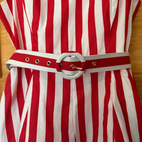 Prosperina NEW Red White Stripe Belted Flared Leg Romper size L - Picture 7 of 10
